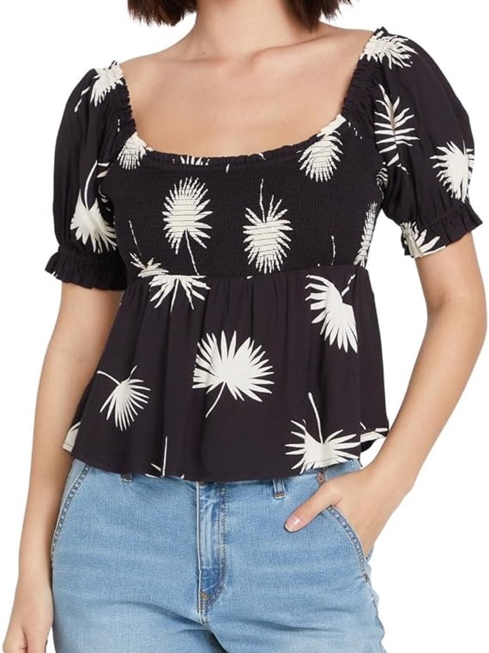 Volcom Black and White Palm-Print Smocked Square-Neck Top